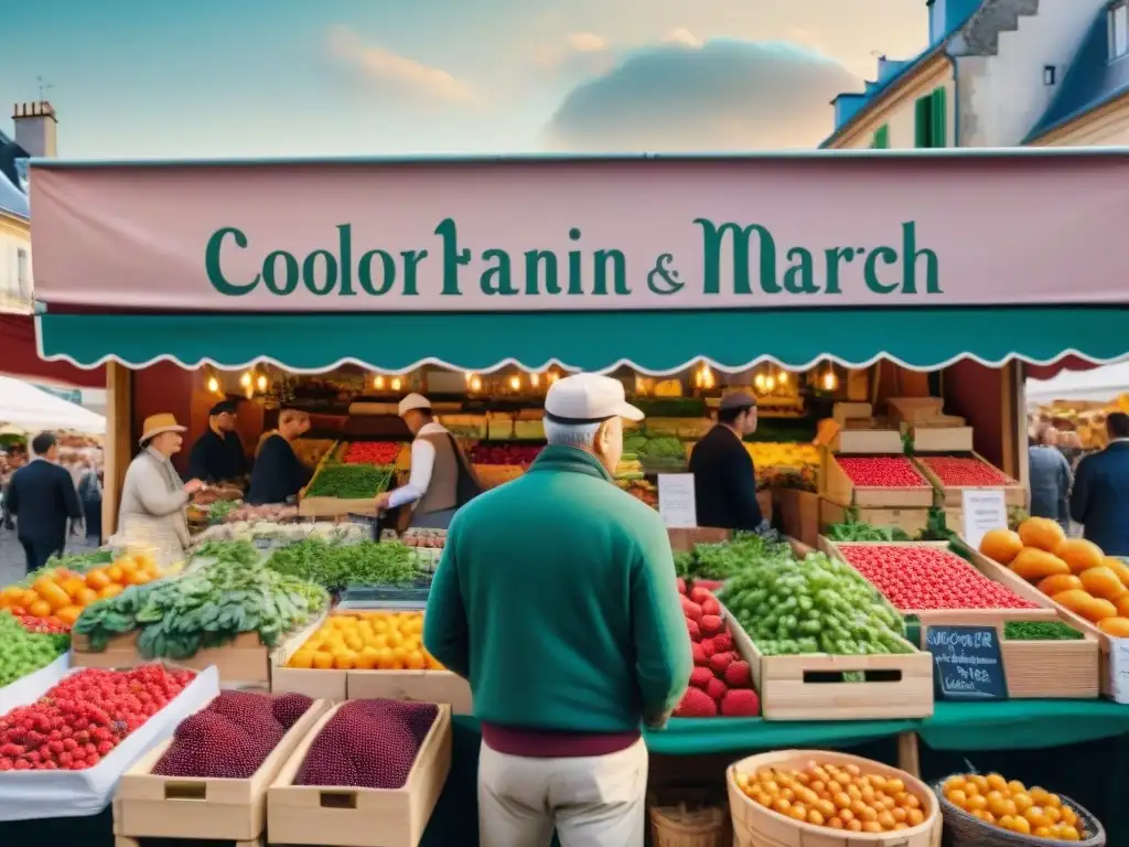 Un mercado francés al aire libre bullicioso, lleno de alimentos antioxidantes coloridos y frescos