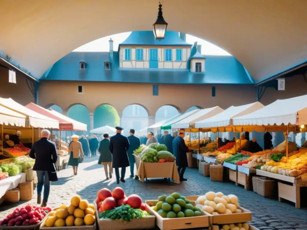 Un mercado francés al aire libre bullicioso y colorido, con puestos rebosantes de productos frescos, queso local y flores vibrantes