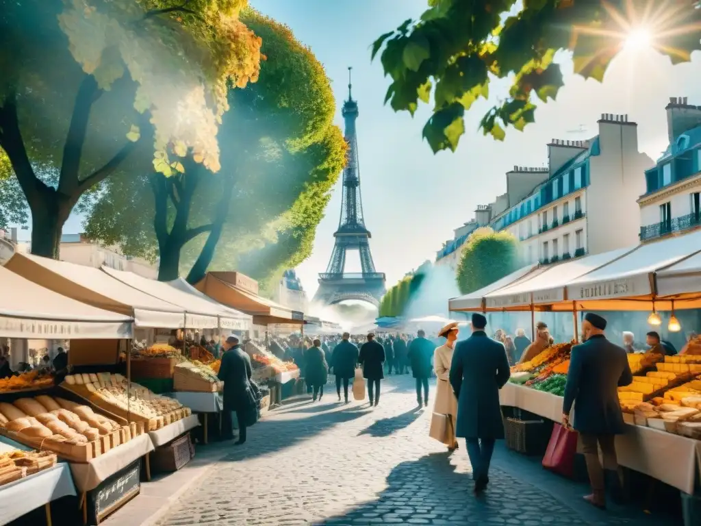 Un mercado francés al aire libre en París con puestos coloridos de baguettes, quesos y productos frescos