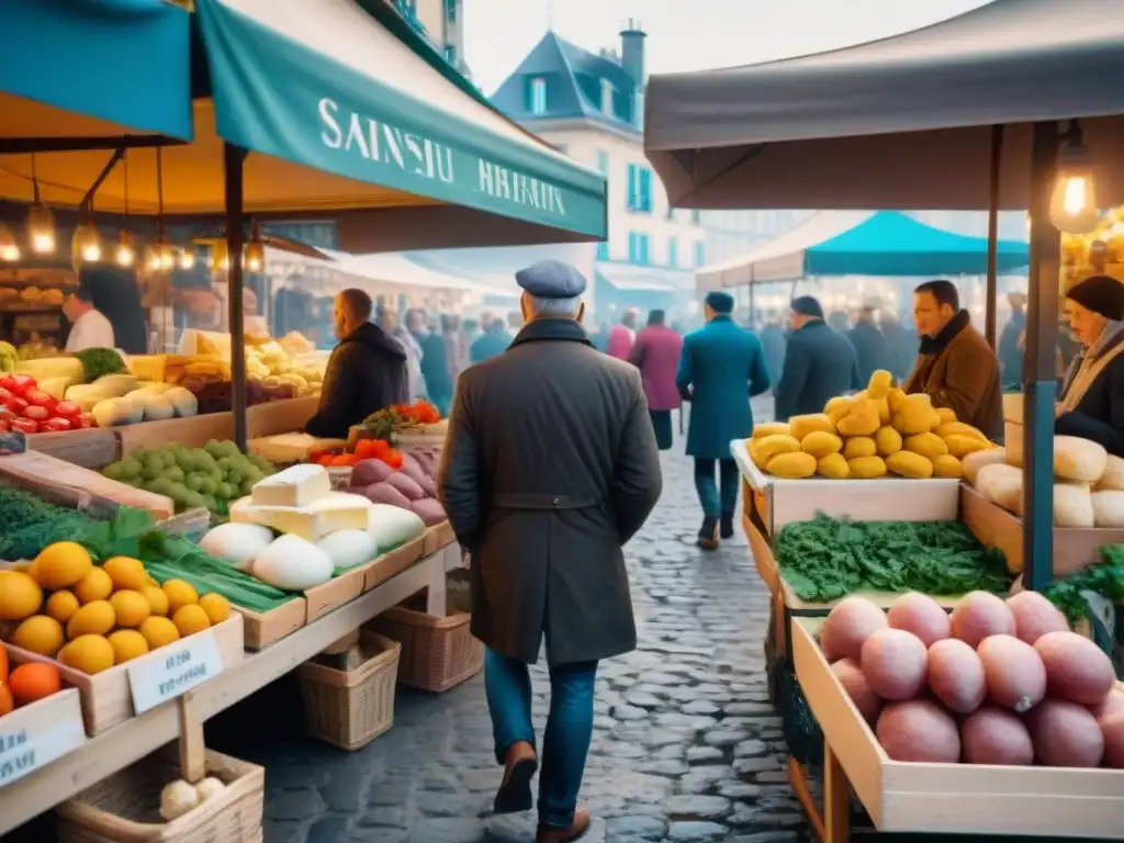 Mercado francés animado con productos frescos y coloridos, clientes seleccionando alimentos con cero desperdicio