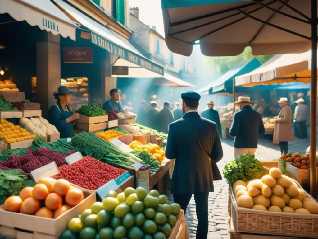 Un mercado francés animado con productos frescos y coloridos, vendedores locales y arquitectura tradicional