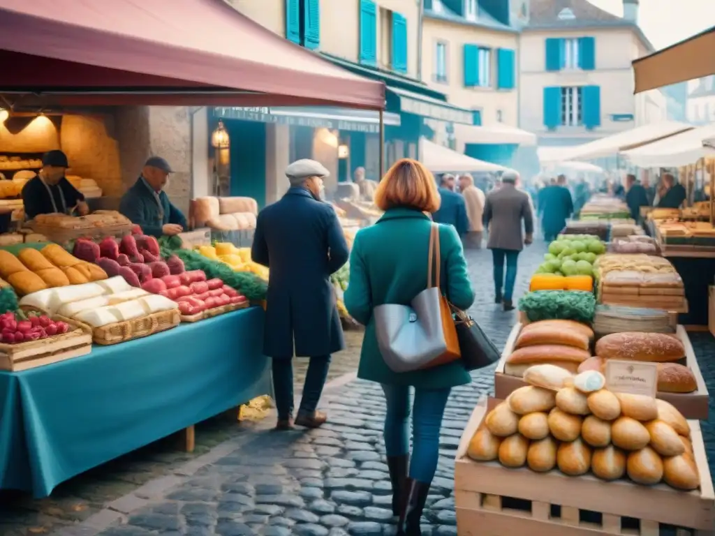 Un mercado francés animado y vibrante con productos coloridos y locales disfrutando de la gastronomía francesa