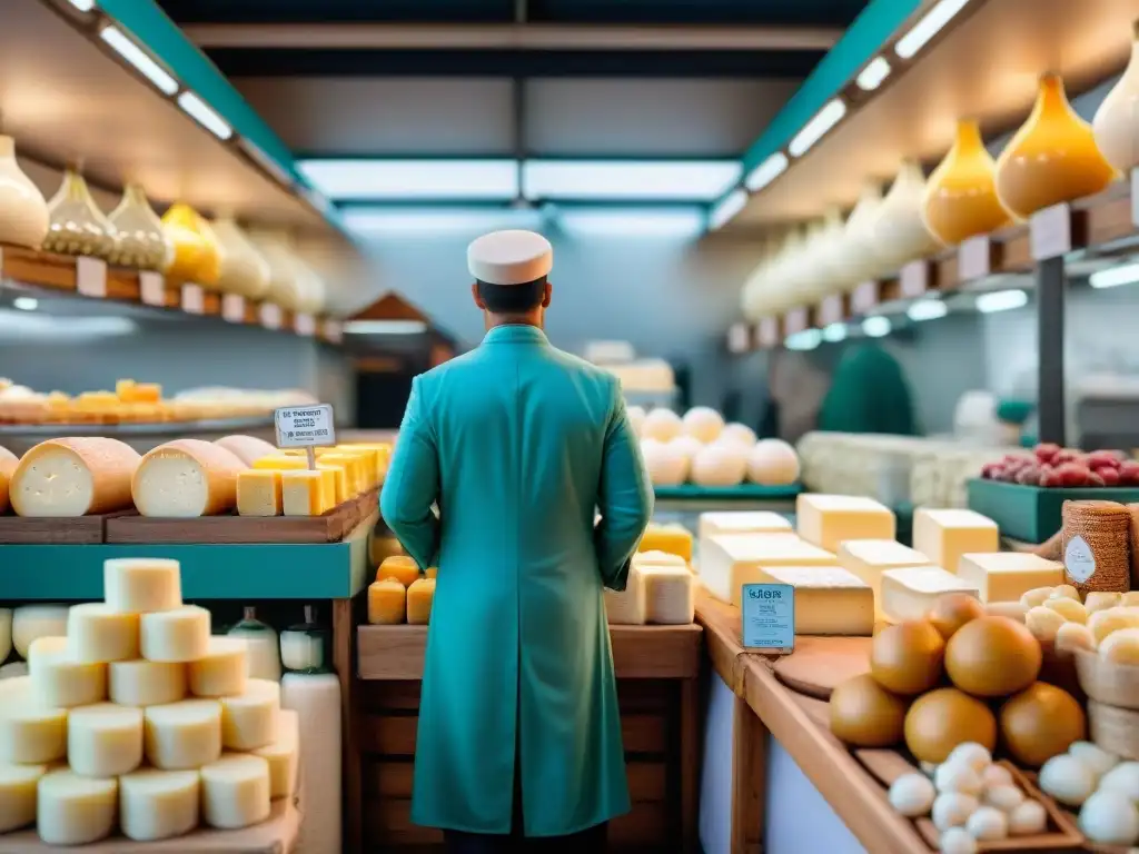 Un mercado francés y árabe con vendedores coloridos ofreciendo quesos y yogures, reflejando la fusión francoárabe en lácteos