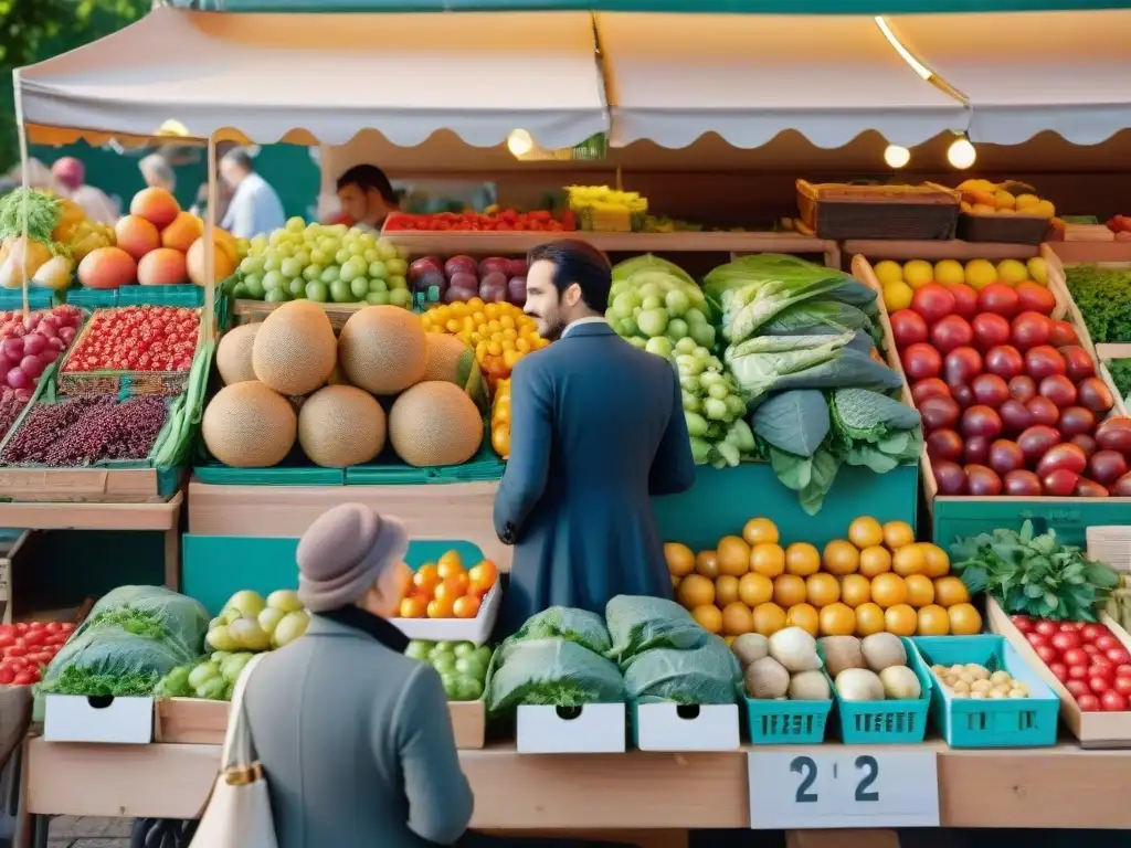 Mercado francés bullicioso con alimentos franceses antioxidantes salud, frutas y verduras coloridas