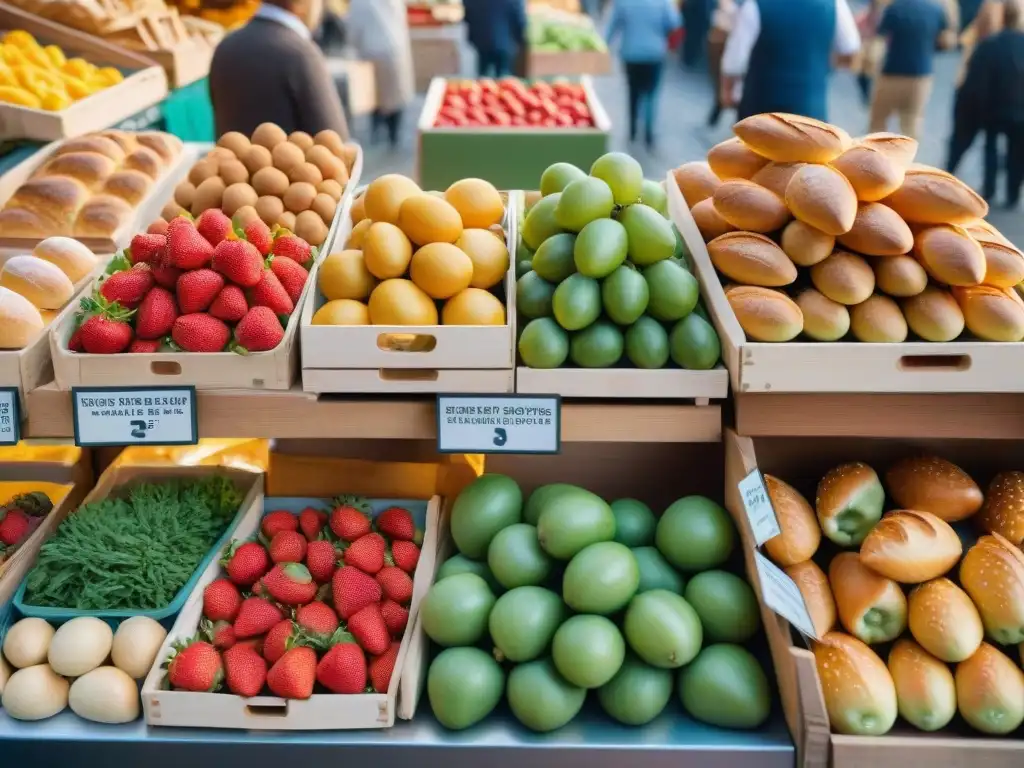 Un mercado francés bullicioso al amanecer, donde la cocina francesa moderna y la tradición se fusionan en una explosión de colores y sabores frescos