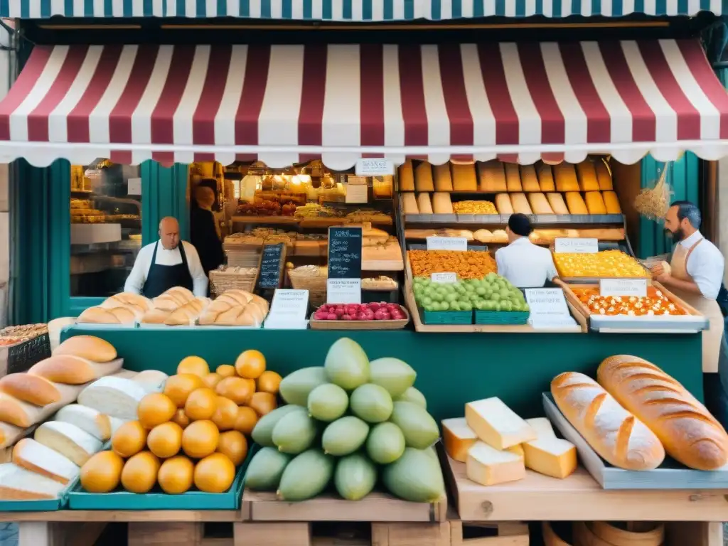 Un mercado francés bullicioso con colores vibrantes de productos frescos, quesos artesanales y baguettes fragantes