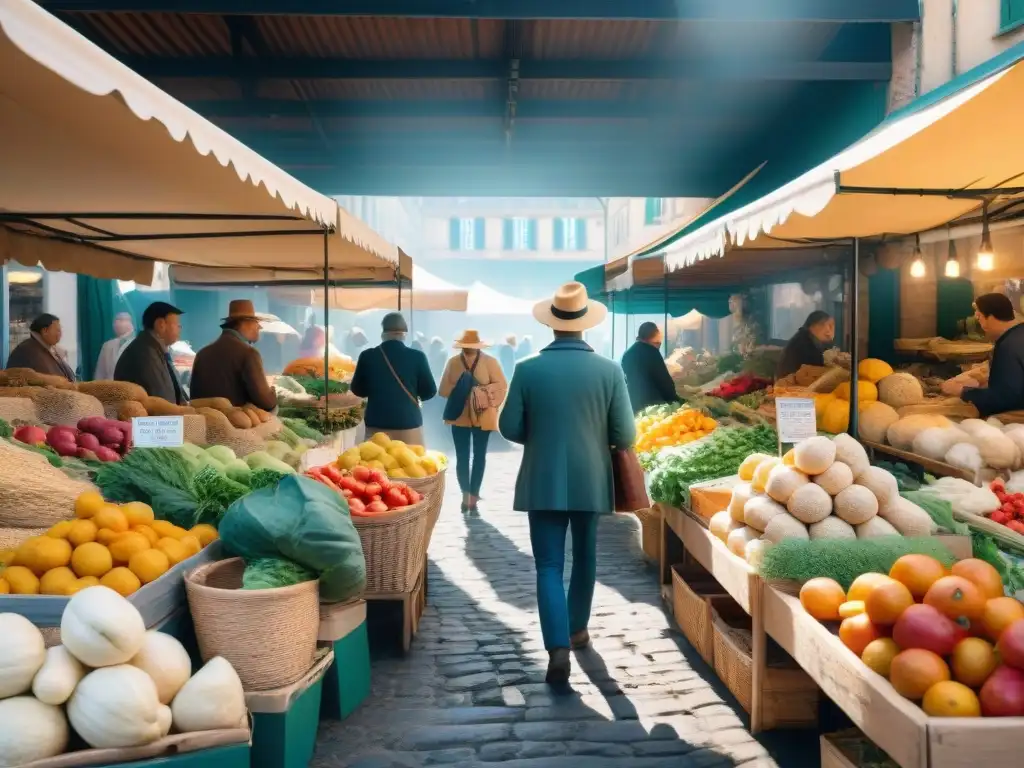 Un mercado francés bullicioso y colorido, donde la permacultura en mercados franceses se fusiona con la comunidad y la sostenibilidad