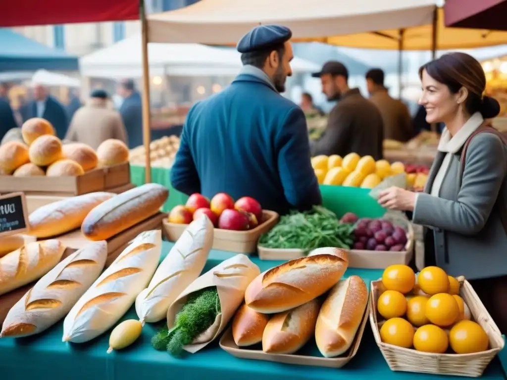 Un mercado francés bullicioso con coloridos puestos rebosantes de baguettes, frutas, quesos y delicias locales