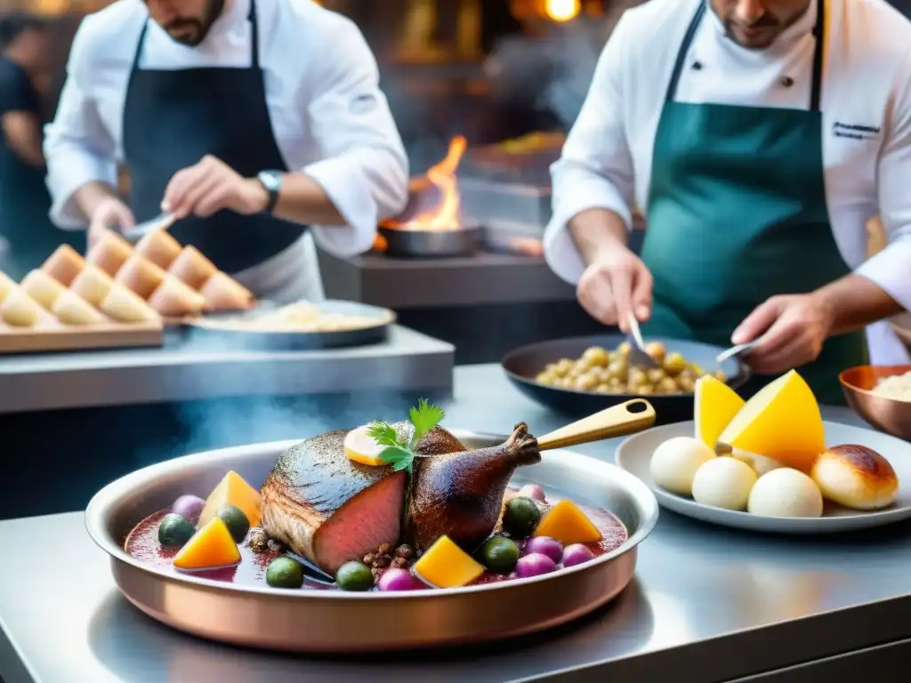 Un mercado francés bullicioso con delicias tradicionales y modernas, capturando la esencia de la gastronomía francesa tradicional y moderna