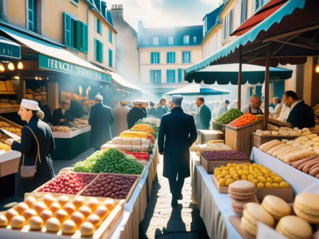 Un mercado francés bullicioso con delicias gastronómicas tradicionales e innovadoras, chefs apasionados y clientes degustando exquisiteces