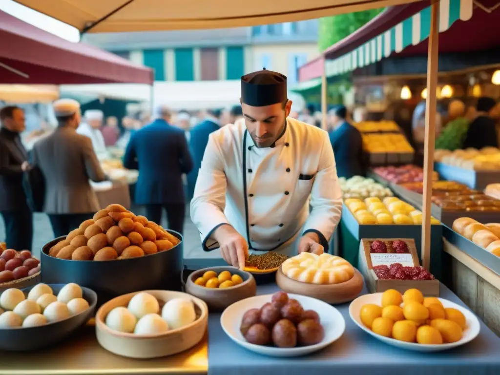 Un mercado francés bullicioso con delicias tradicionales y un chef creando platos, rodeado de espectadores maravillados