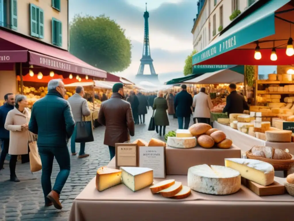 Un mercado francés bullicioso con delicias gastronómicas y la Torre Eiffel al fondo