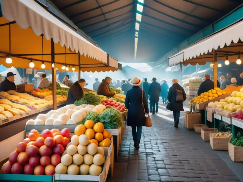 Un mercado francés bullicioso en un día soleado, con productos frescos y coloridos