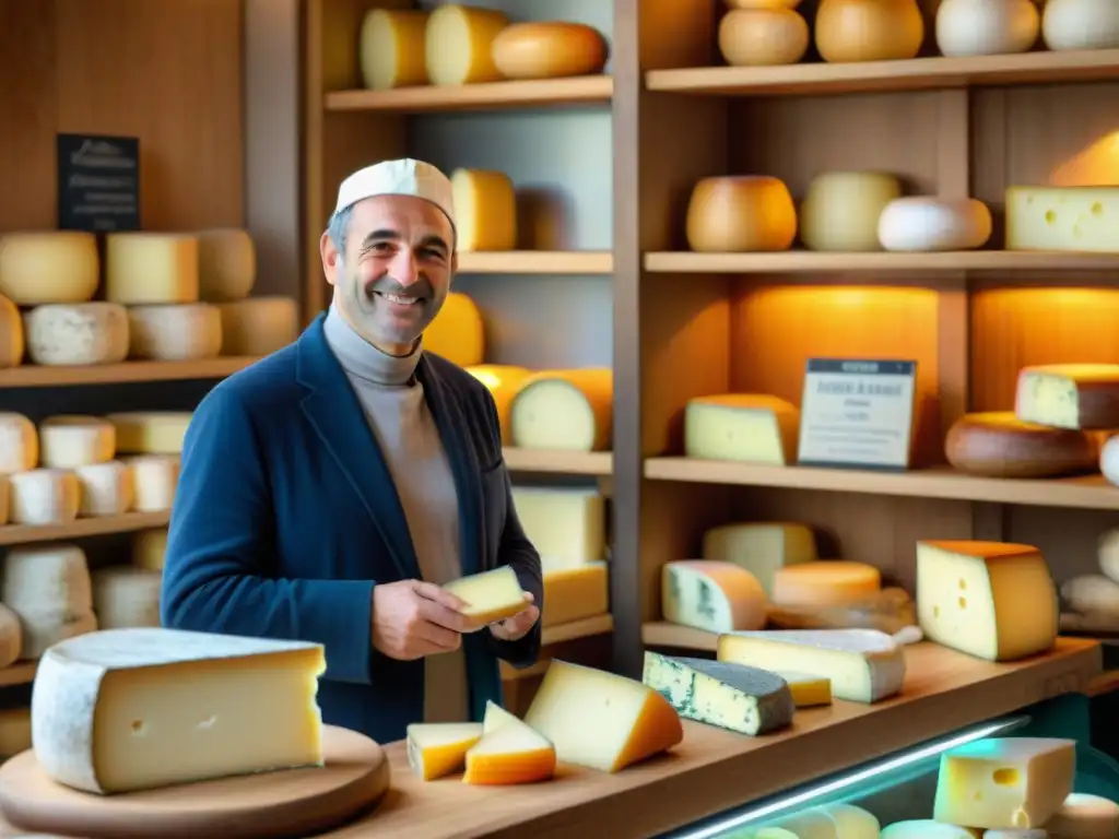 Un mercado francés bullicioso muestra la diversidad de quesos artesanales en un comercio tradicional