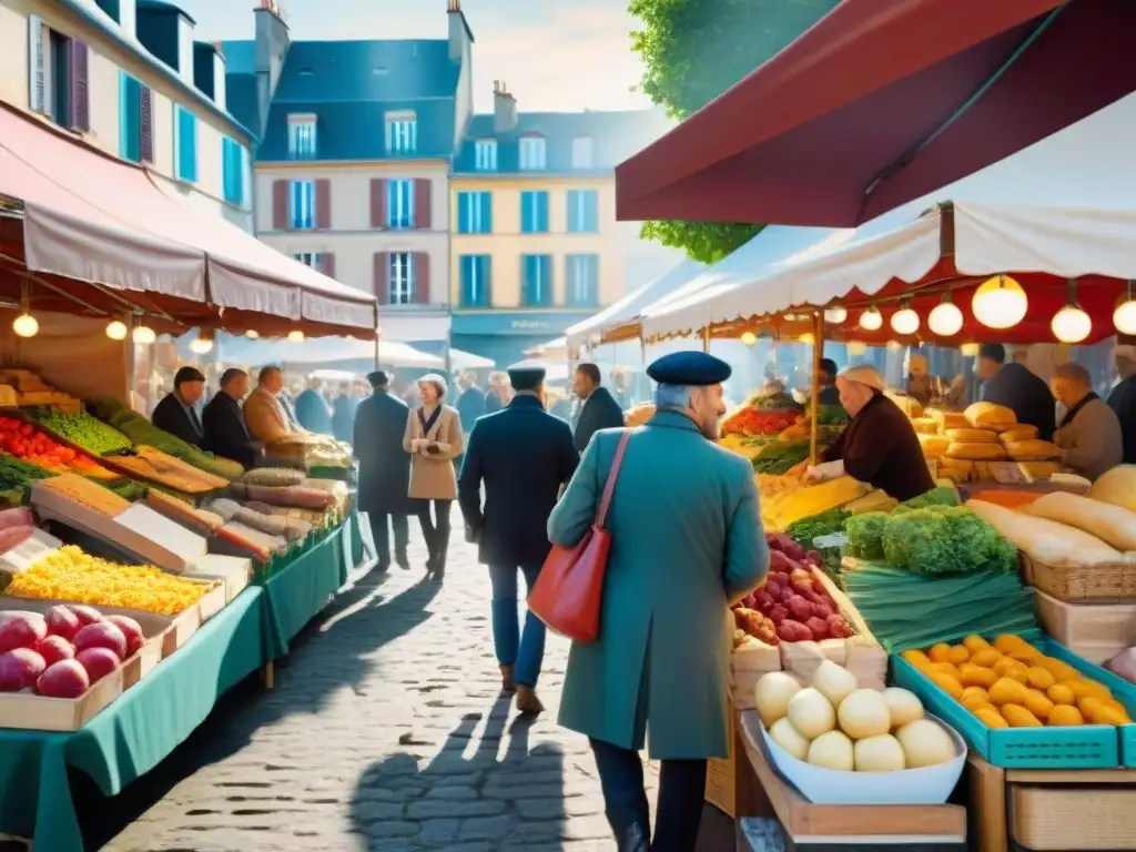 Un mercado francés bullicioso con diversidad de gastronomía y colores vibrantes