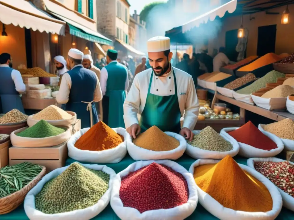 Mercado francés bullicioso con especias árabes, creando una rica influencia en gastronomía francesa