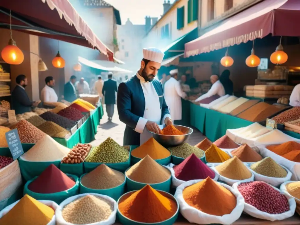 Un mercado francés bullicioso con especias coloridas, reflejando la influencia árabe en gastronomía francesa