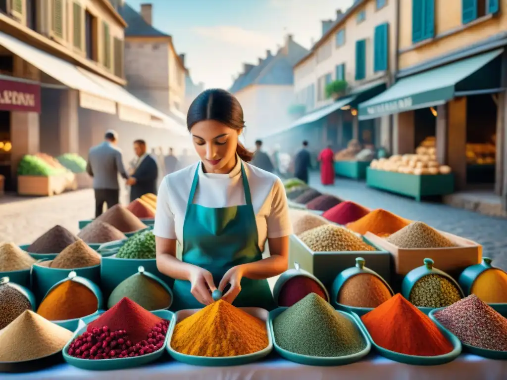 Un mercado francés bullicioso con especias en frascos coloridos, clientes curiosos y vendedores expertos