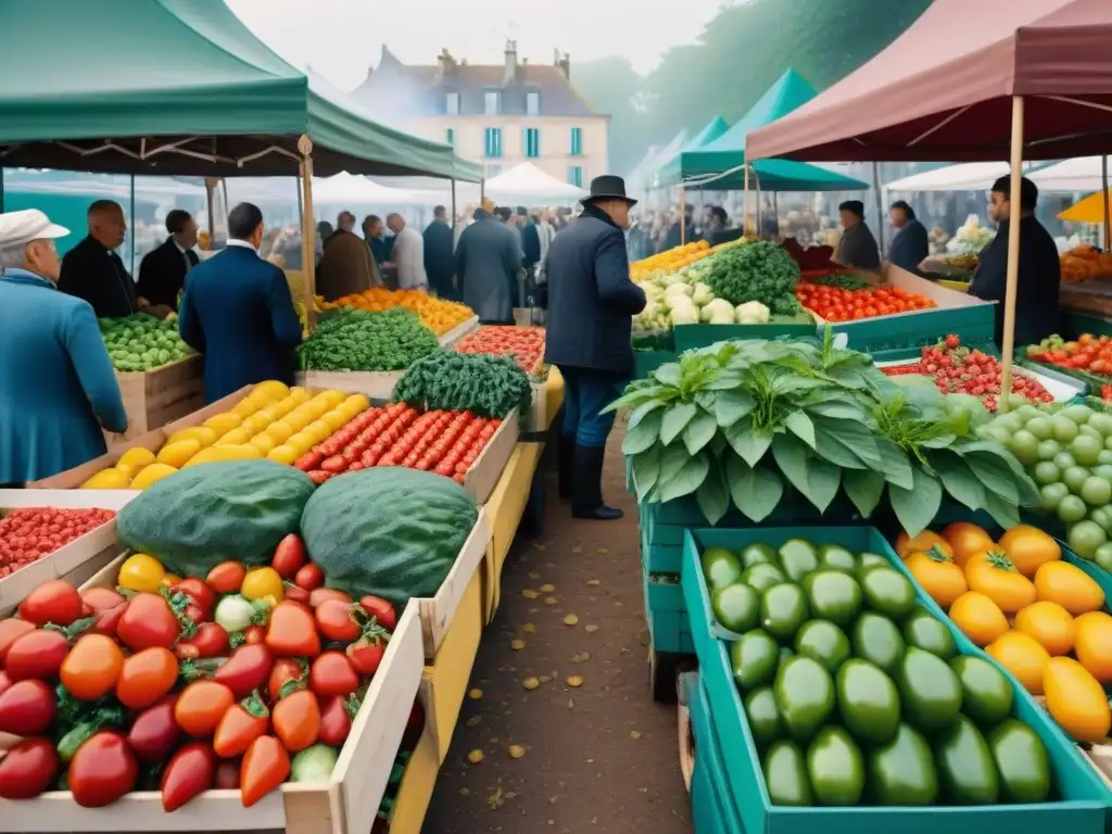 Un mercado francés bullicioso con frutas y verduras vibrantes, esencia de la influencia frutas verduras en gastronomía