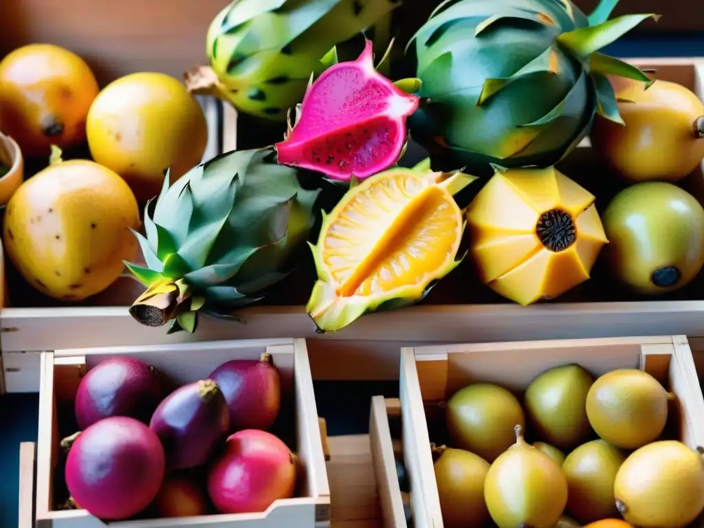 Un mercado francés bullicioso con frutas exóticas en cajas de madera