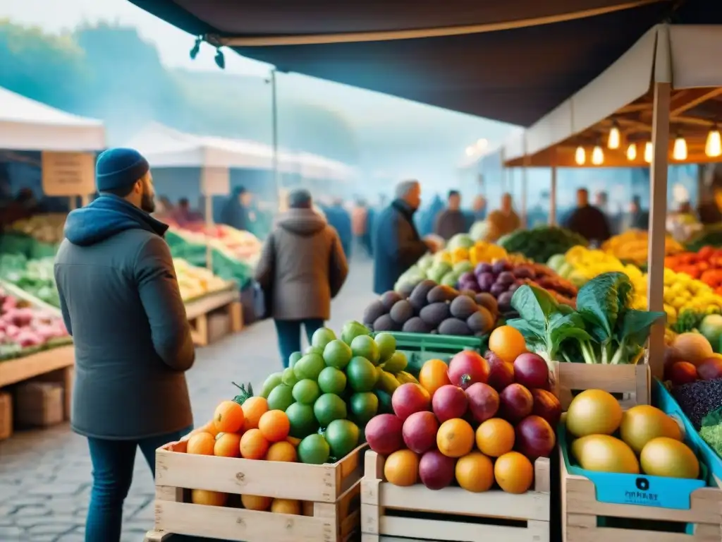 Un mercado francés bullicioso con frutas y verduras coloridas en cajas de madera