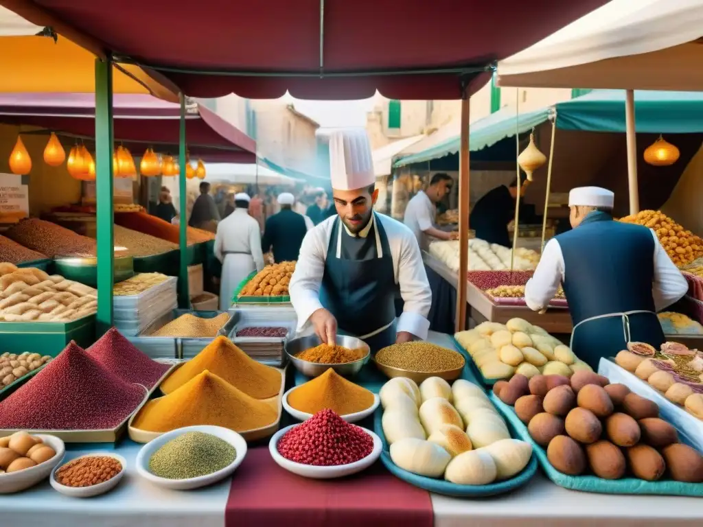 Un mercado francés bullicioso con una fusión de especias y dulces árabes, reflejando la influencia árabe en gastronomía francesa