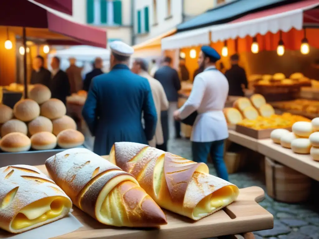 Un mercado francés bullicioso con gastronomía francesa tradicional e innovadora en vibrantes puestos, chefs y entusiastas culinarios