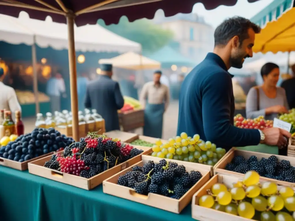 Un mercado francés bullicioso con grosellas negras frescas y vino blanco, reflejando el origen del cóctel Kir