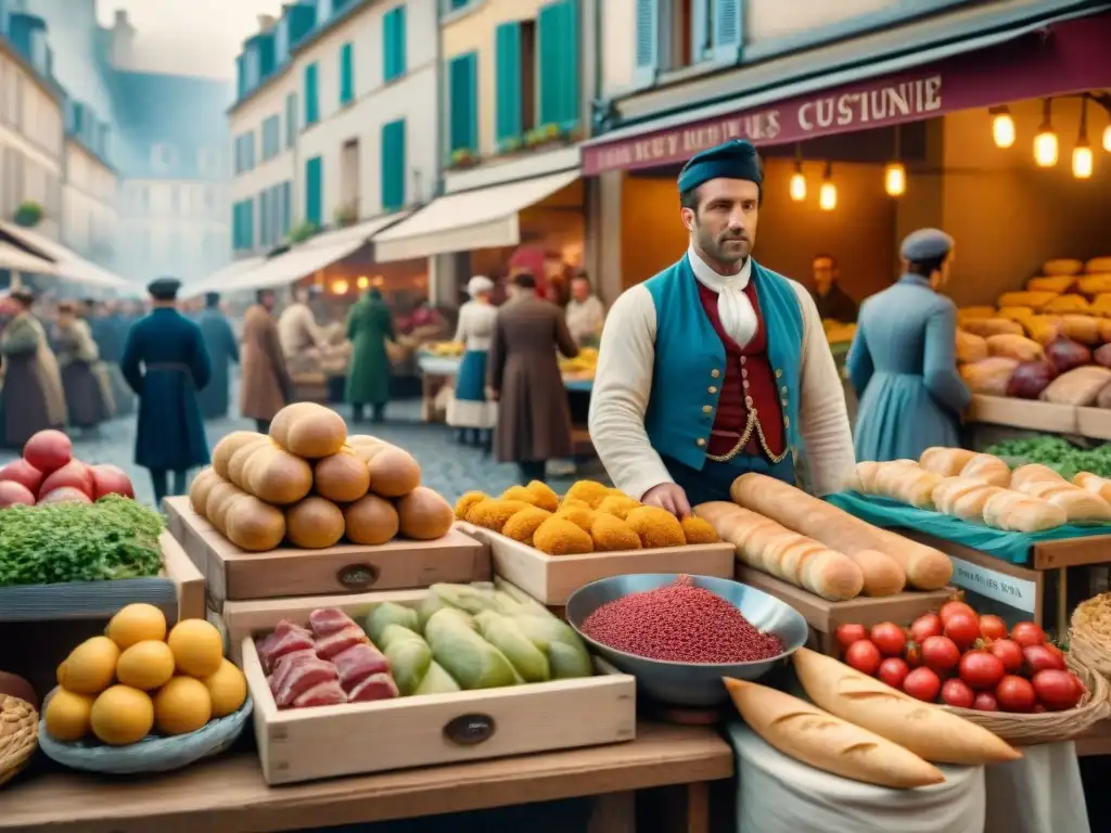 Un mercado francés bullicioso durante la Revolución, con guillotina al fondo y puestos de alimentos frescos