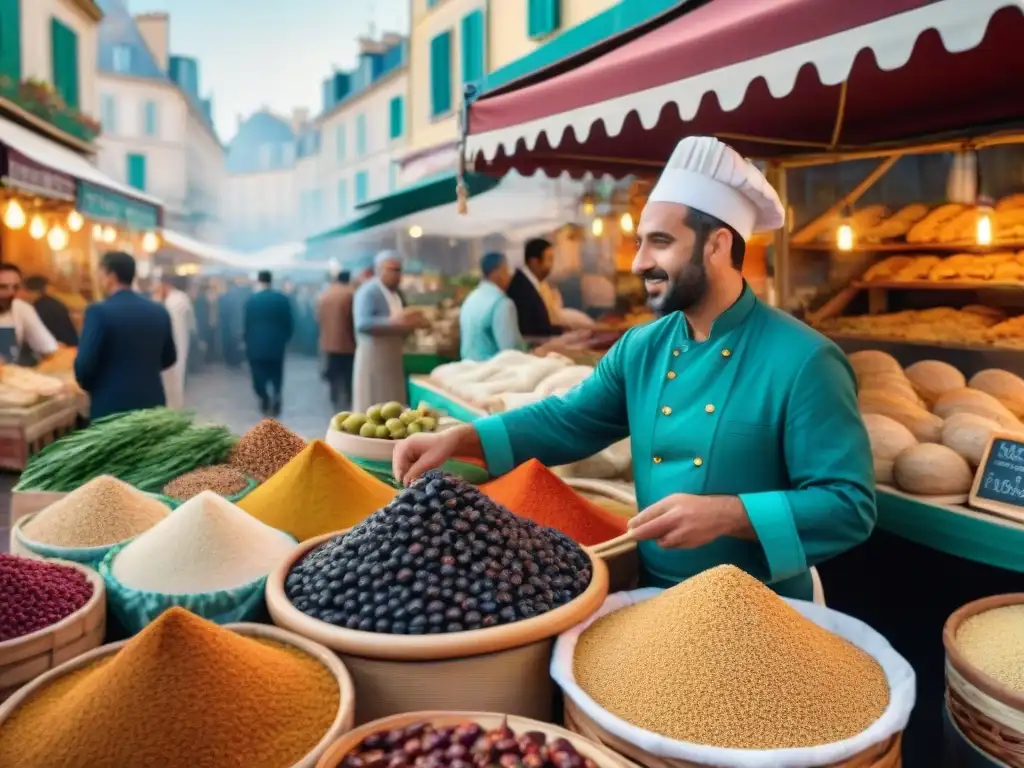 Un mercado francés bullicioso con influencia árabe en gastronomía francesa