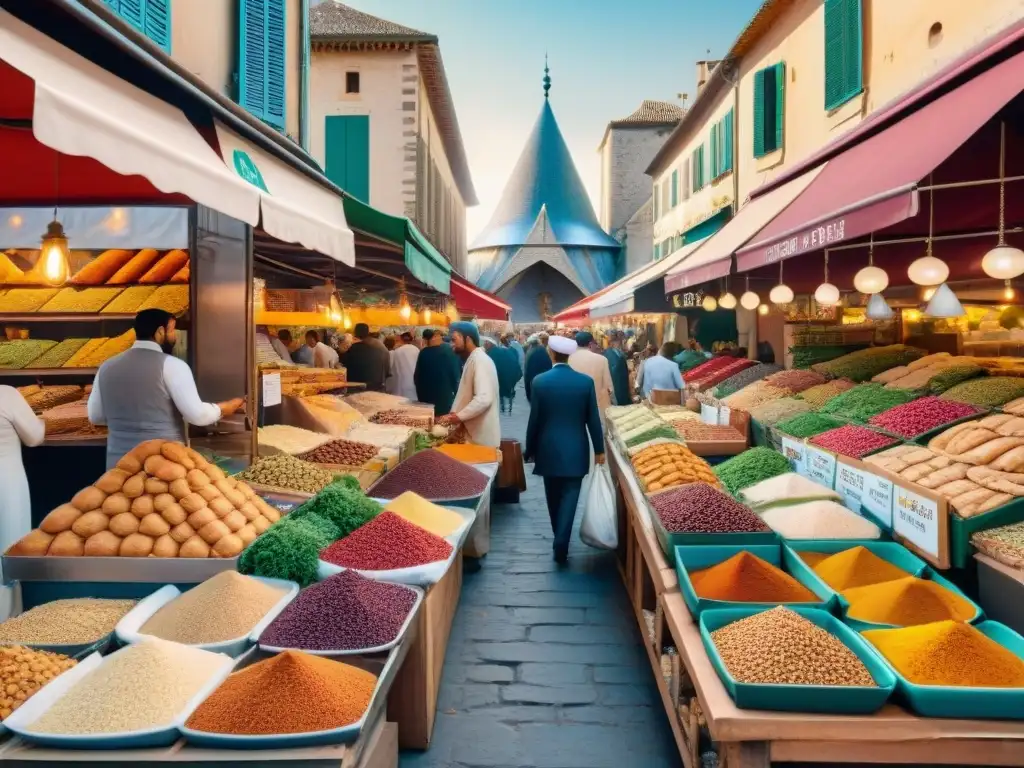 Un mercado francés bullicioso con influencia de ingredientes árabes, colores vibrantes y aromas exóticos