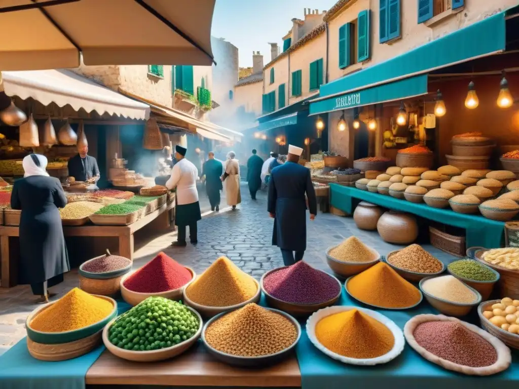 Un mercado francés bullicioso con influencia árabe, destacando platos tradicionales y coloridas casetas