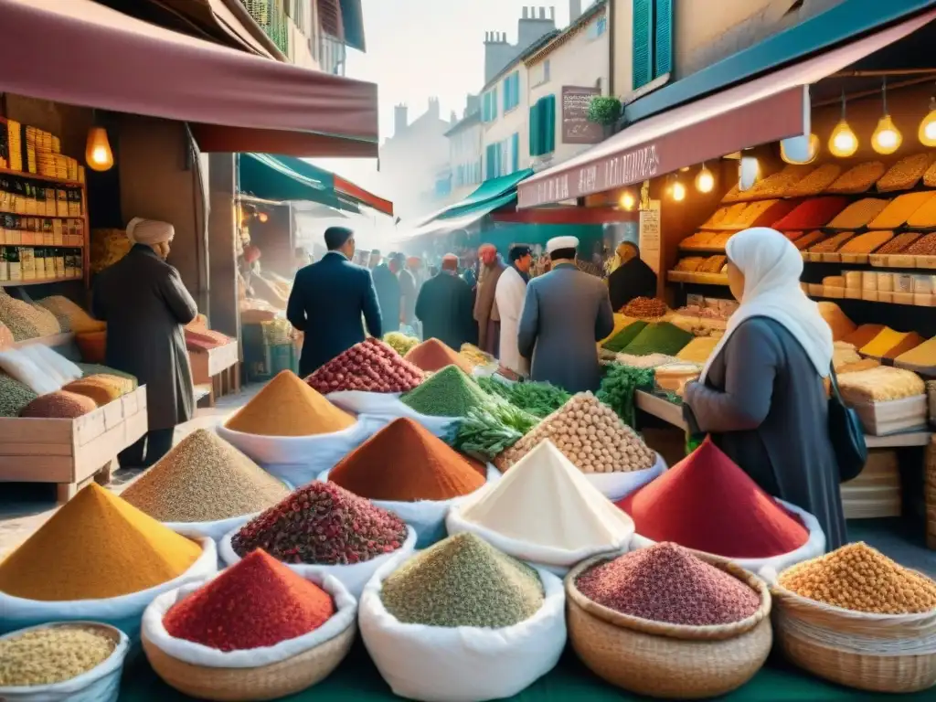 Un mercado francés bullicioso con influencia árabe en gastronomía, lleno de especias y productos vibrantes