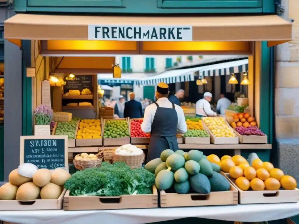 Un mercado francés bullicioso con influencias culinarias de la gastronomía francesa