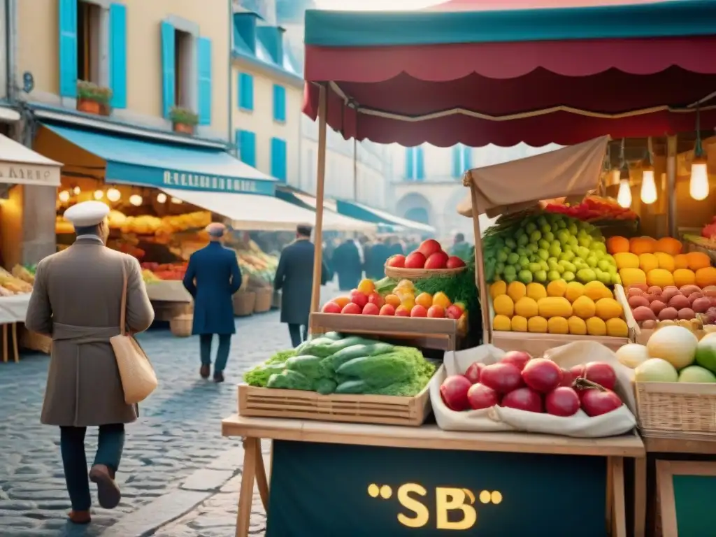 Un mercado francés bullicioso con ingredientes frescos y vibrantes