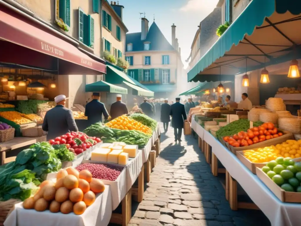 Un mercado francés bullicioso con ingredientes frescos cocina francesa