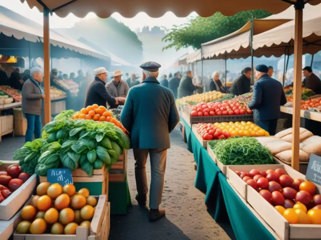 Un mercado francés bullicioso con ingredientes frescos y coloridos