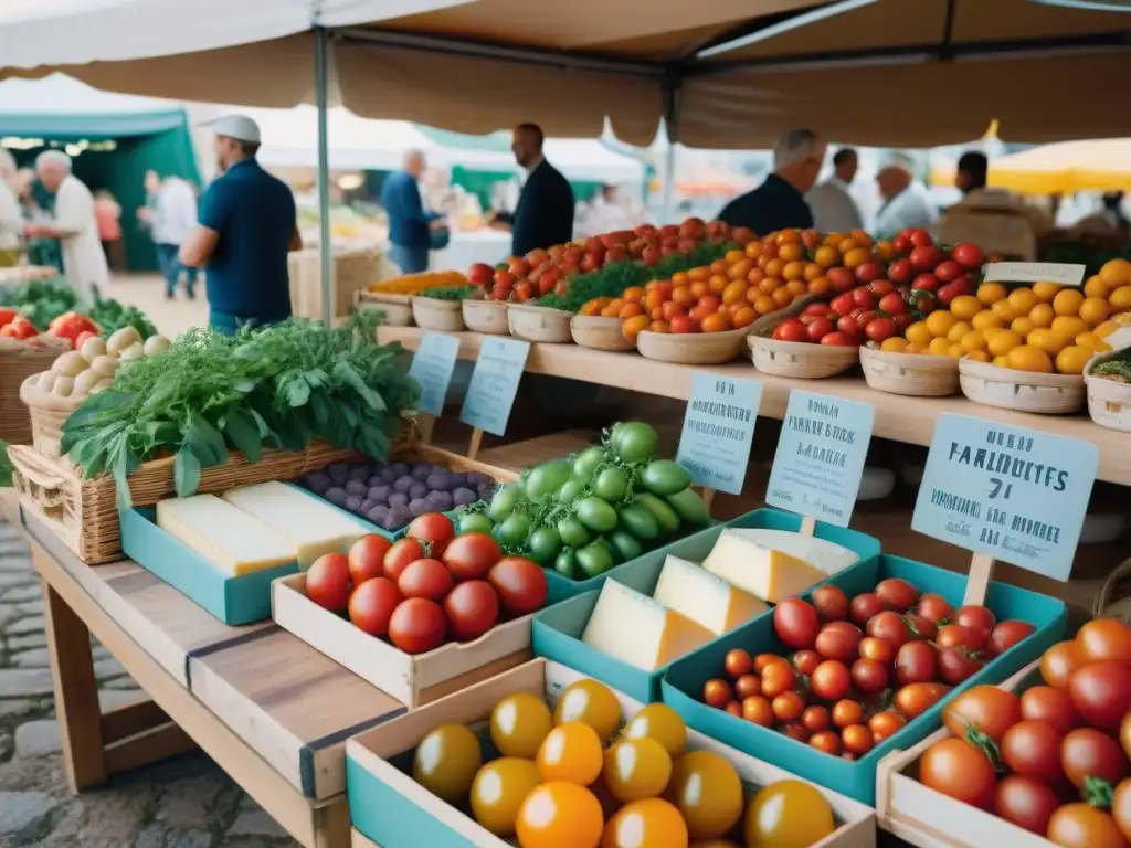 Un mercado francés bullicioso con ingredientes frescos y vibrantes, platos típicos gastronomía francesa