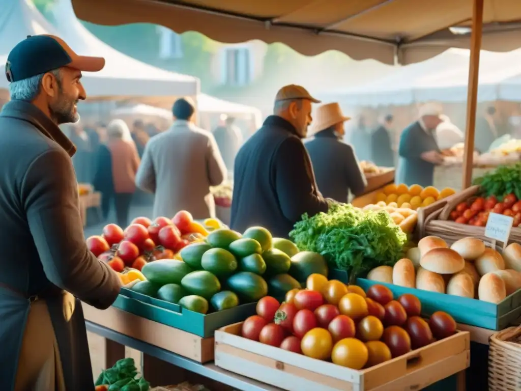 Un mercado francés bullicioso con ingredientes locales en gastronomía francesa en una mañana soleada