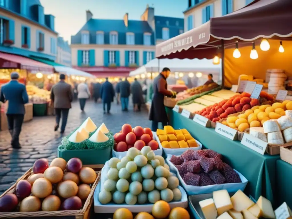 Un mercado francés bullicioso al amanecer, lleno de productos frescos y coloridos, quesos artesanales, carnes y mariscos