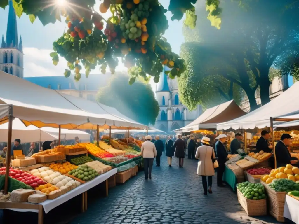 Un mercado francés bullicioso lleno de coloridas frutas, verduras, quesos y pan recién horneado, donde la comida y el arte se entrelazan