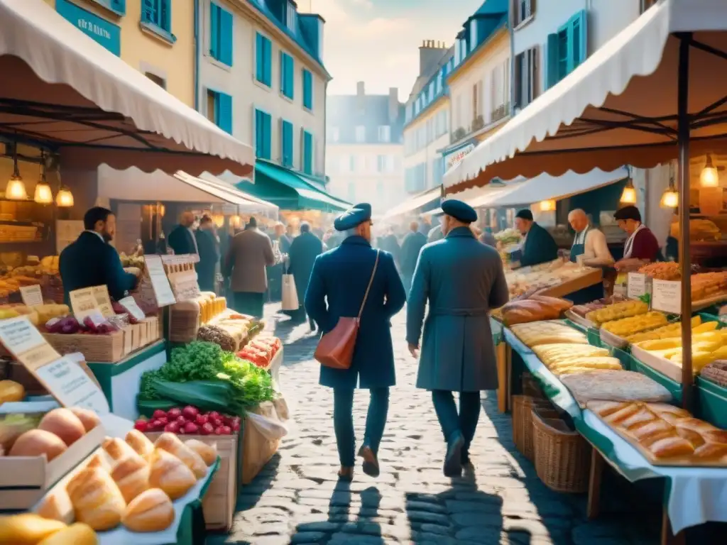 Un mercado francés bullicioso, lleno de productos icónicos bajo el cálido sol matutino