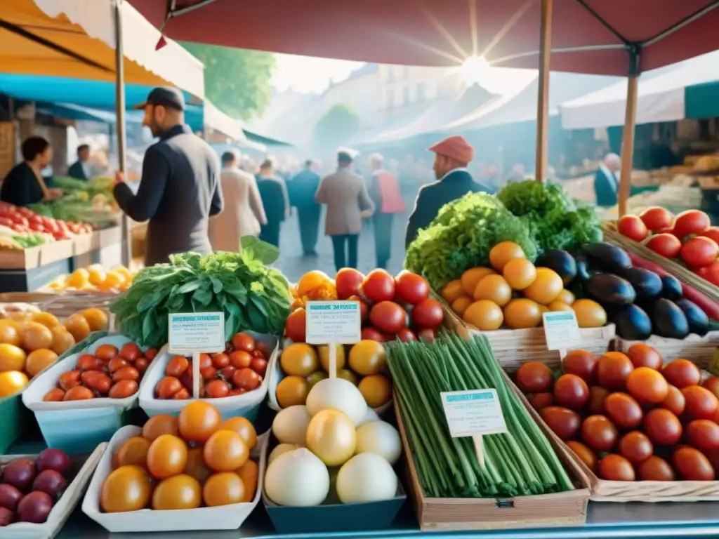 Un mercado francés bullicioso lleno de coloridos productos frescos, mostrando la esencia de las costumbres gastronómicas francesas evolución