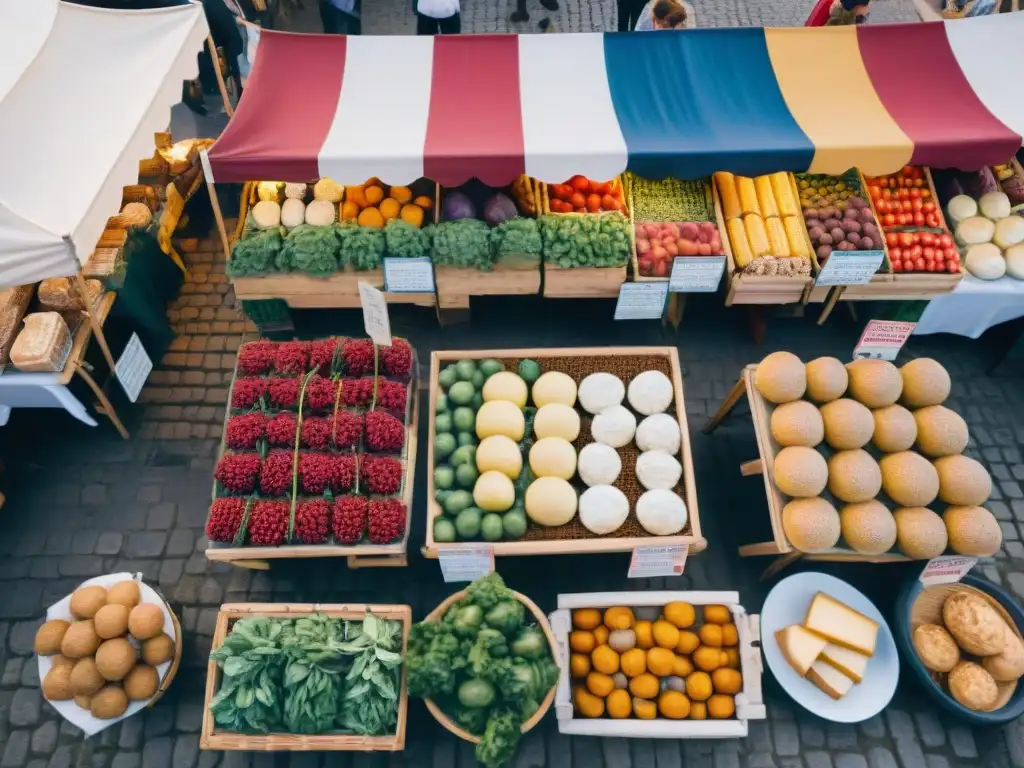 Un mercado francés bullicioso lleno de productos frescos, quesos y pan