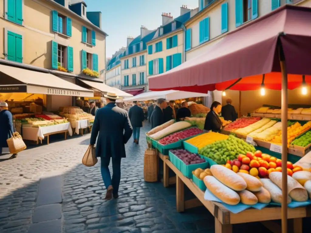 Un mercado francés bullicioso lleno de coloridas paradas con baguettes, quesos y vegetales frescos