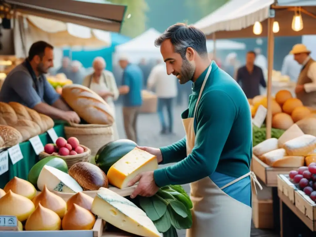 Mercado francés: tradición y frescura en colores vibrantes Un mercado francés bullicioso lleno de coloridas verduras, pan recién horneado y quesos variados