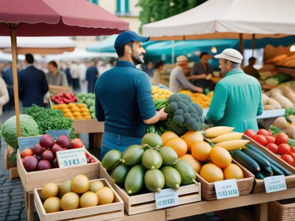 Un mercado francés bullicioso lleno de productos frescos y coloridos, reflejando la cocina francesa sin desperdicios