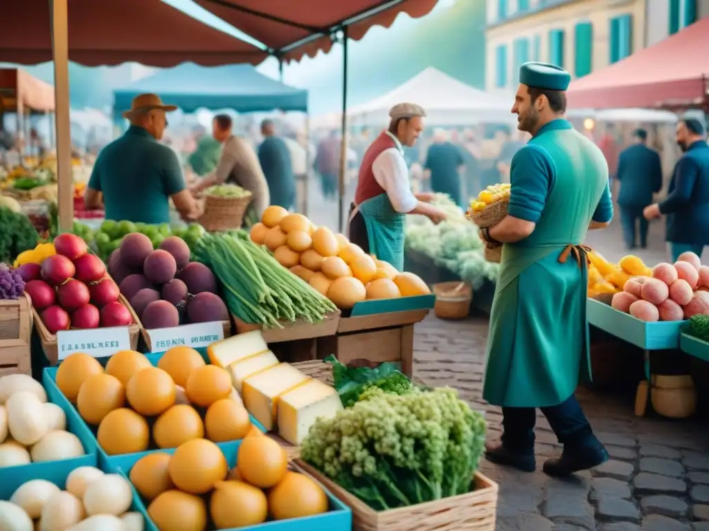 Un mercado francés bullicioso, lleno de productos frescos y coloridos