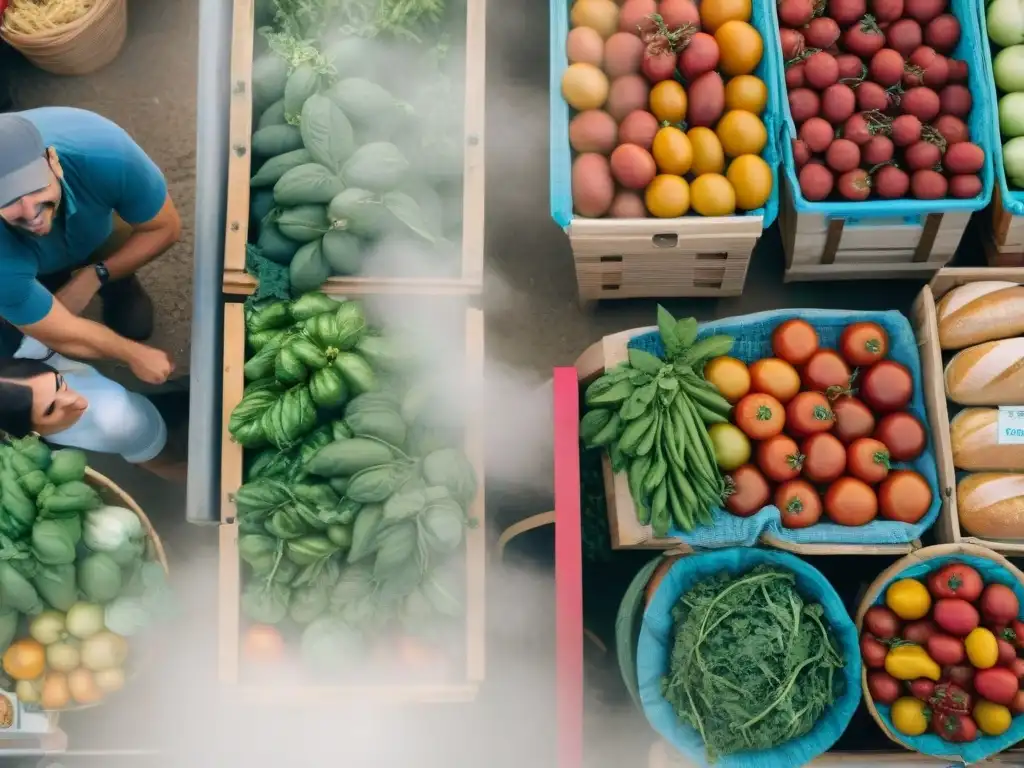 Un mercado francés bullicioso lleno de colores y productos frescos cultivados con permacultura