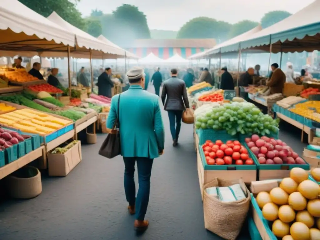 Un mercado francés bullicioso lleno de productos frescos y coloridos, quesos artesanales y productos locales